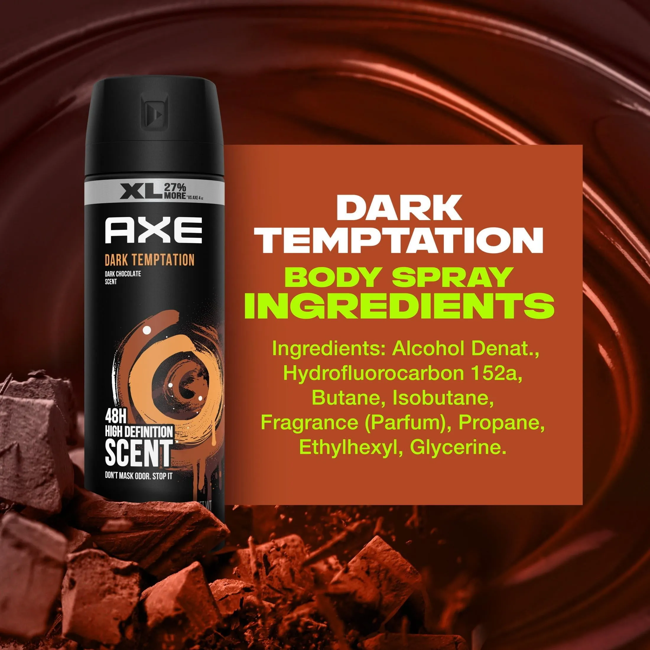 Axe Dark Temptation Dark Chocolate Body Spray Deodorant for Men, 5.1 oz