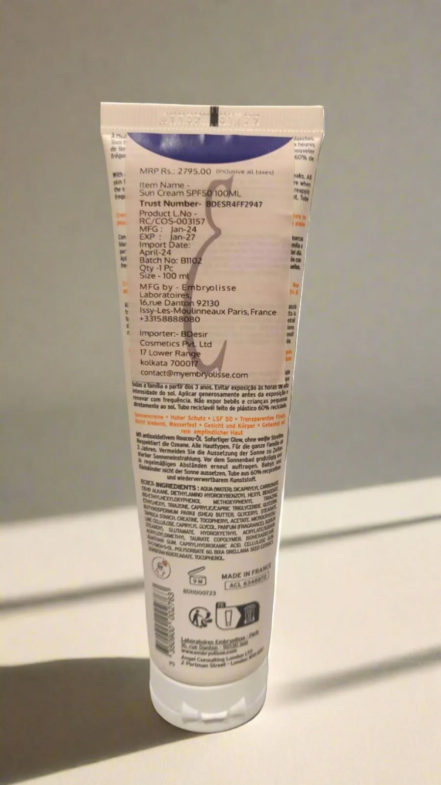 Embryolisse creme solaire sunscreen spf 50