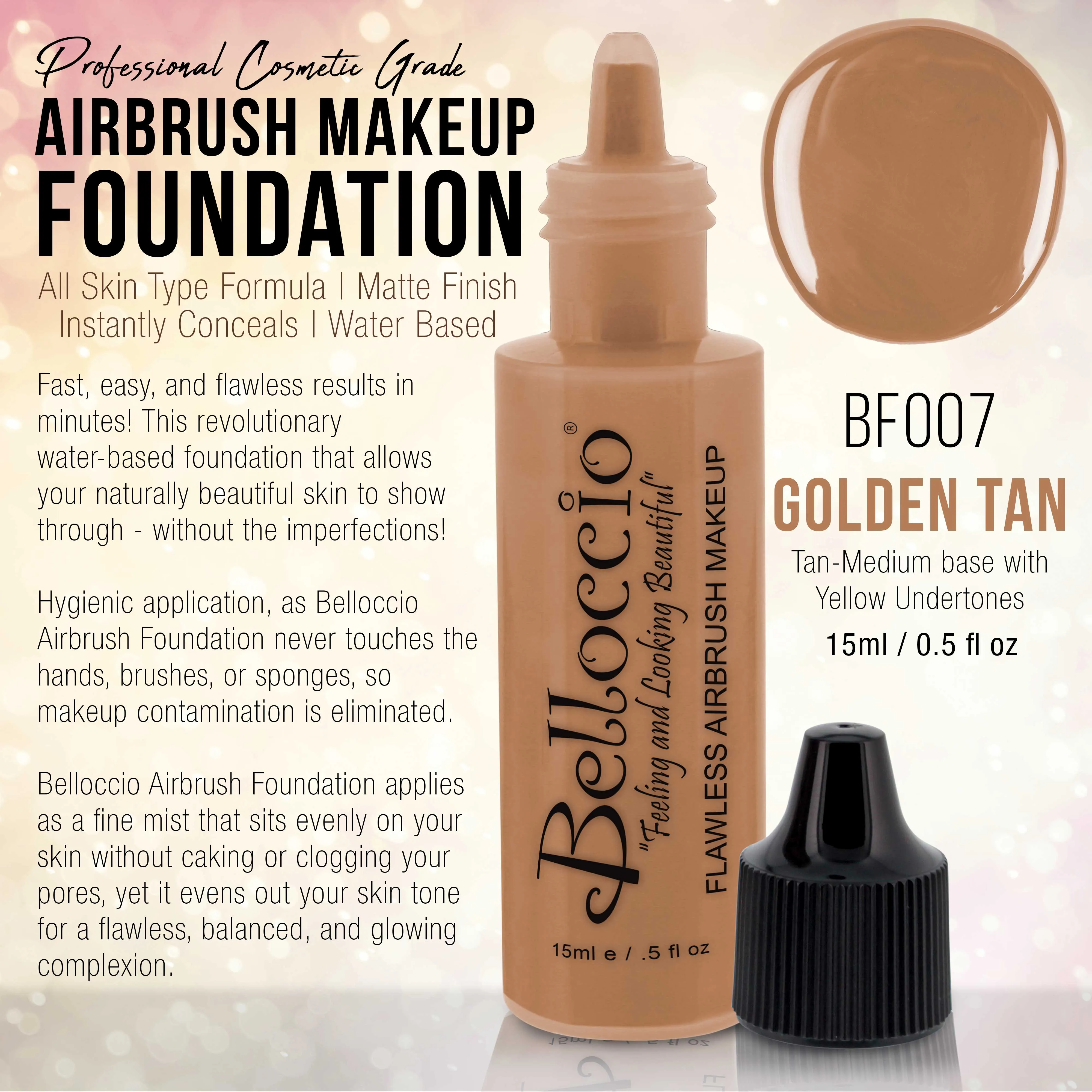 GOLDEN TAN Color Shade Belloccio Professional Airbrush Makeup Foundation, 1/2 oz.